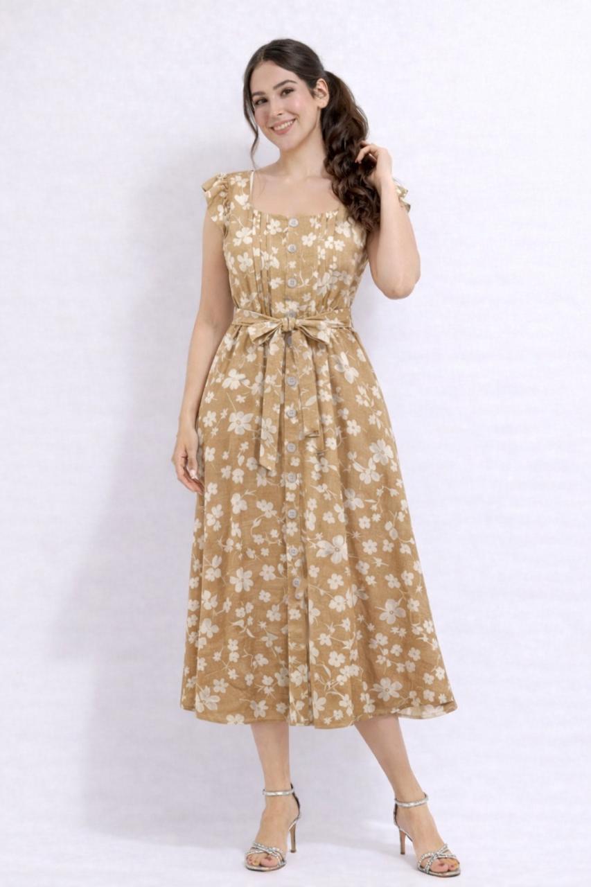 Vestido Camel Floral Botones